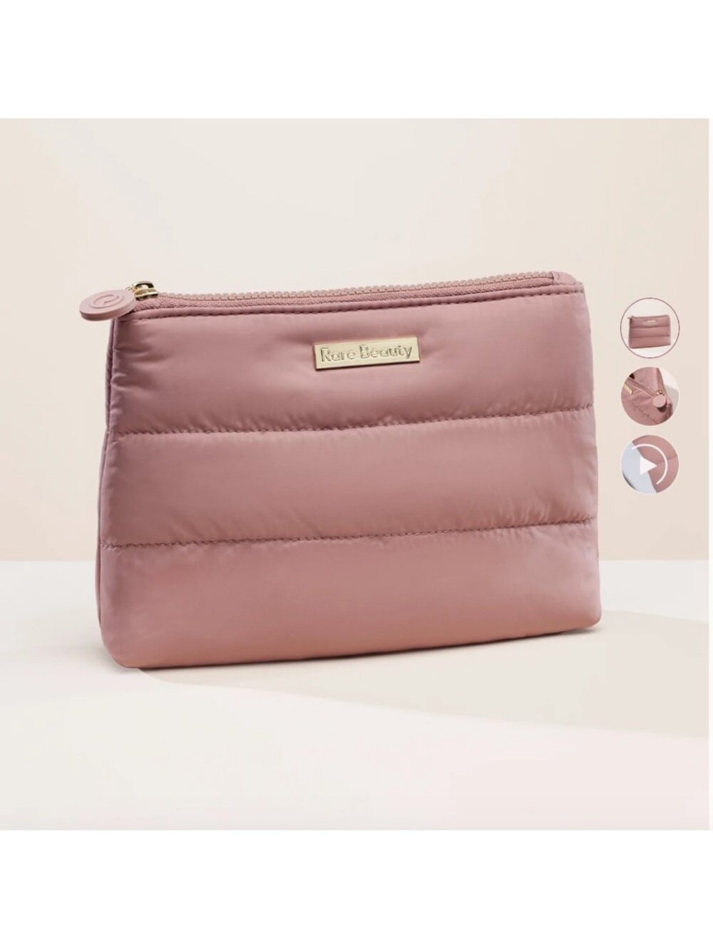 Rare Beauty Quilted Dusty Rose Cosmetic Pouch with Gold Logo